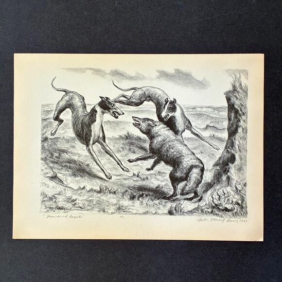 John Steuart Curry Hounds & Coyote 1930s Art Print Treasury Collection Sketch - Picture 1 of 11